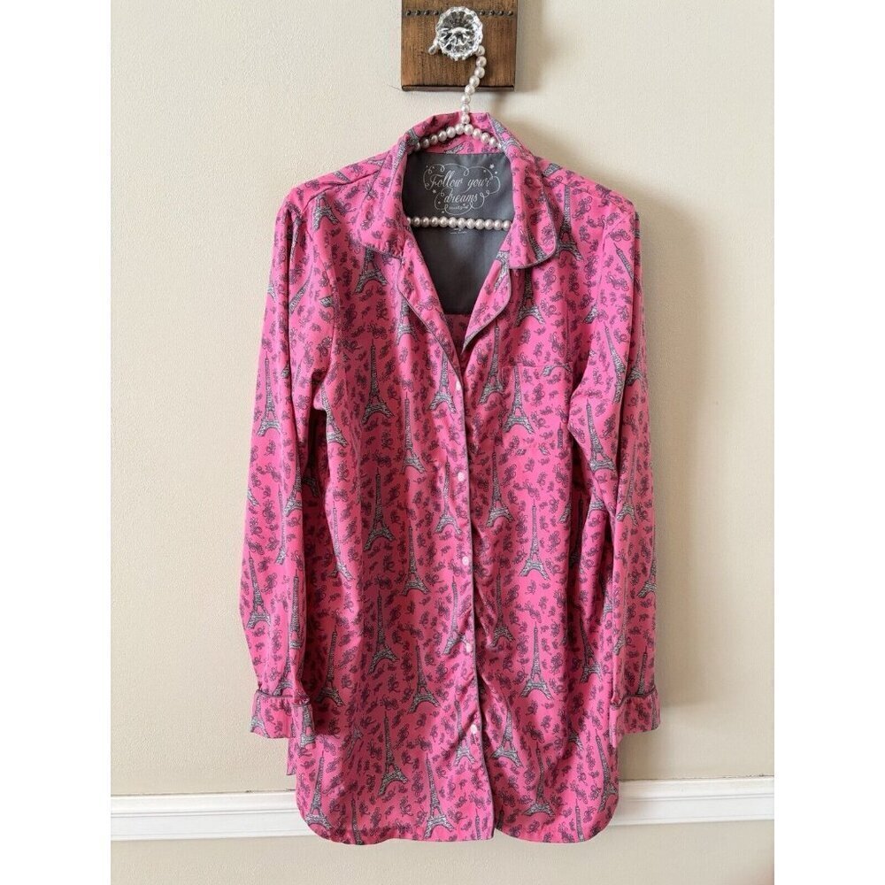 Mudpie Follow Your Dreams Womens Size L Sleep Shirt Pink Eiffel Tower Long Sleev